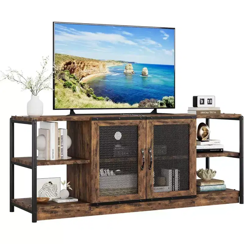 Modern Farmhouse TV Stand with 2 Mesh Doors and Storage Cabinets for Televisions Up to 70 Inch, Wood Entertainment Center Console Table