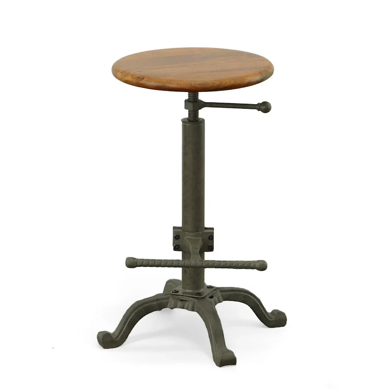 Adjustable Height Stool - Wood Seat with Cast Iron Base (Chestnut)