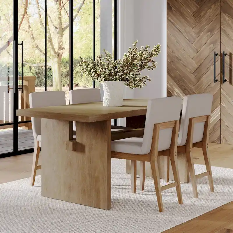 Modern style six-person dining table, small rectangular table, solid wood legs.