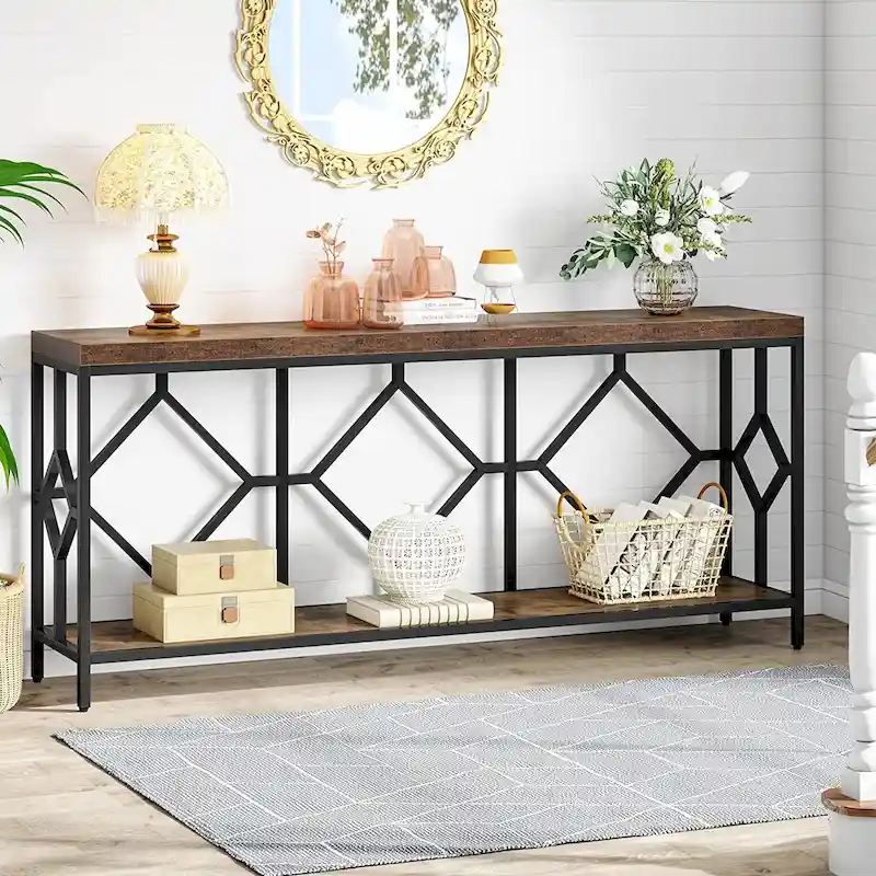 Brown 70.9-inch Industrial Console Table with Storage Shelf