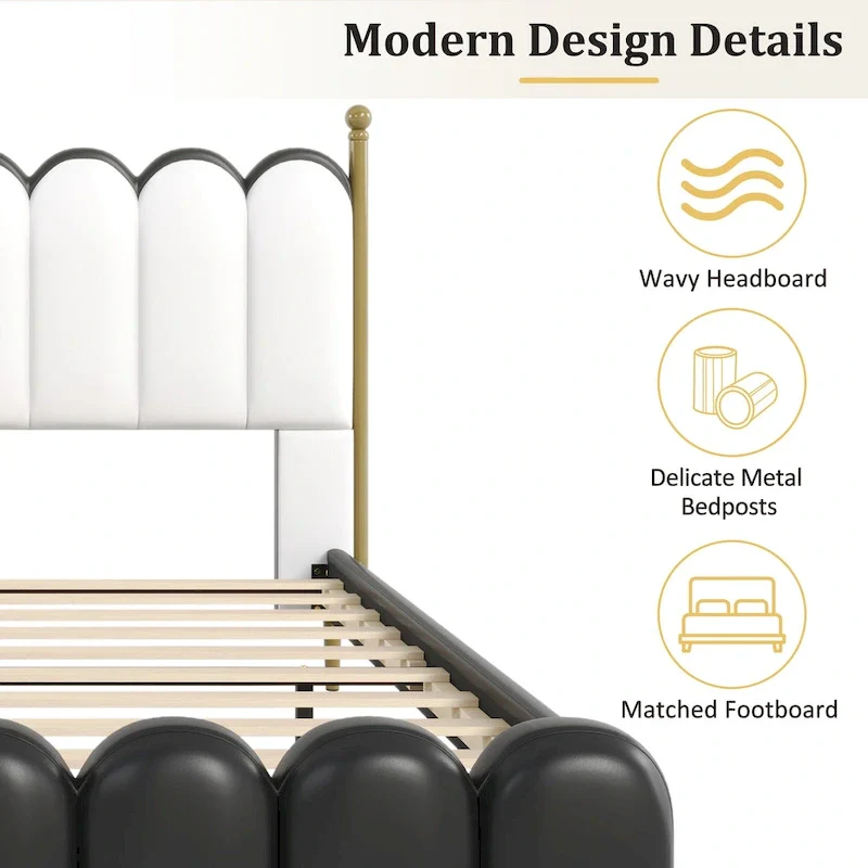Leather Upholstered Bed with Headboard & Footboard, Solid Wood Slats & Legs