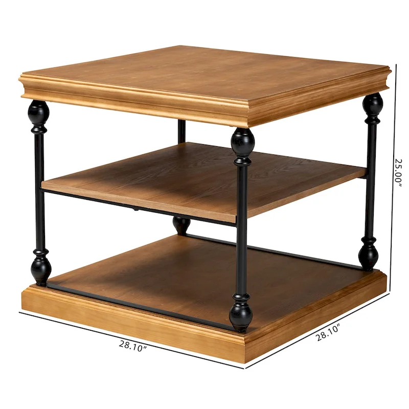 Sebastian Traditional Industrial Wood and Black Metal 3-Tier End Table