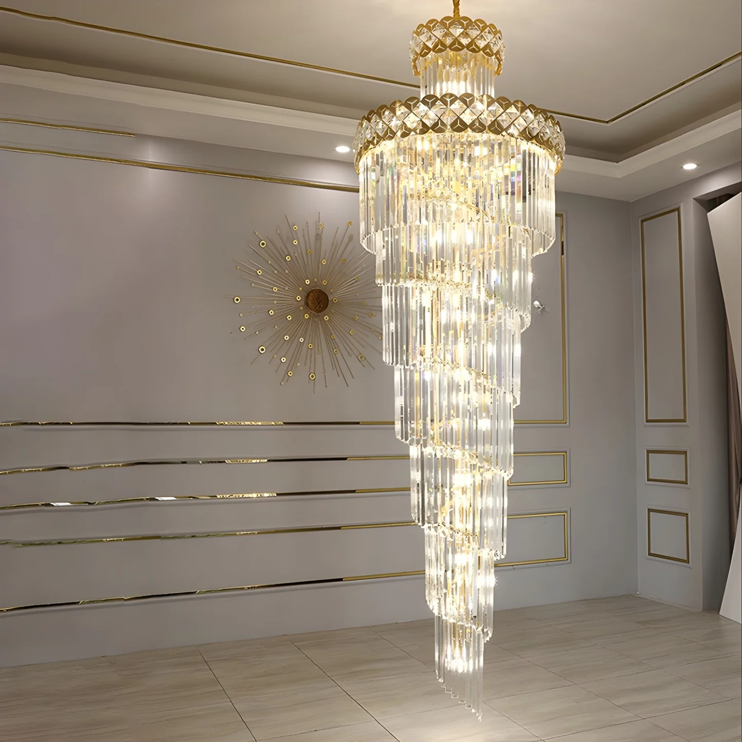 Luxurious Gold Spiral Crystal Round Tier Stairwell Chandelier