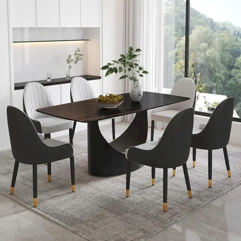 71  Black Marble Sintered Stone Table Top,Rectangle Dining Room Table with Unique U-Shape Black Carbon Steel Pedestal