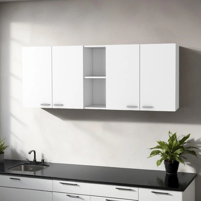 HomeRoots 59 White Wood Wall Mounted Accent Cabinet With Four Doors