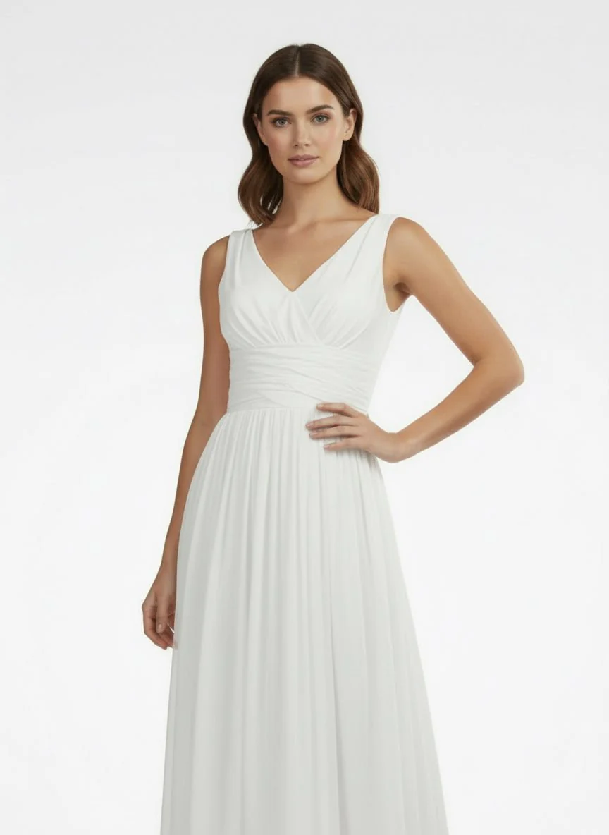 V-Neck Sleeveless Tea-Length Chiffon Wedding Dress With Ruching And Low-V Back