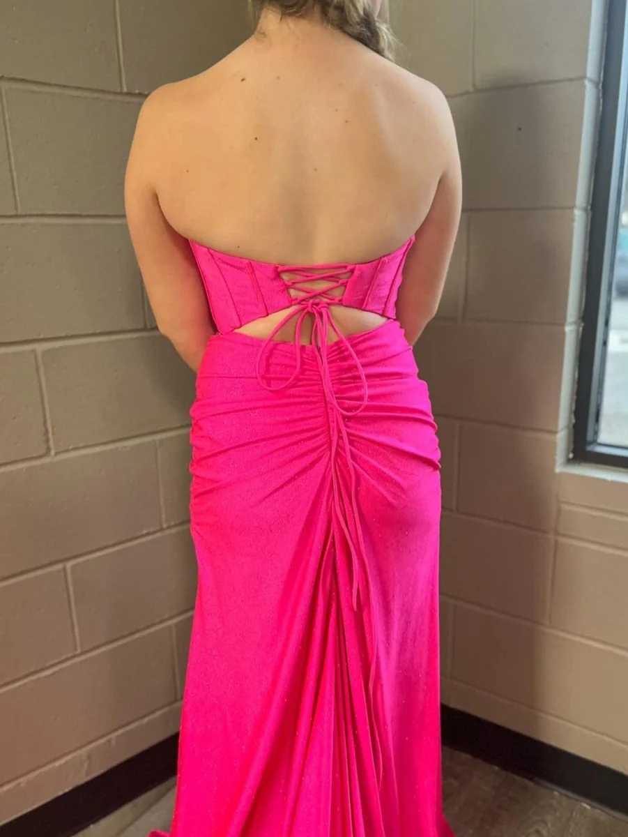 Pink Mermaid Strapless Tight Long Prom Dress With Slit