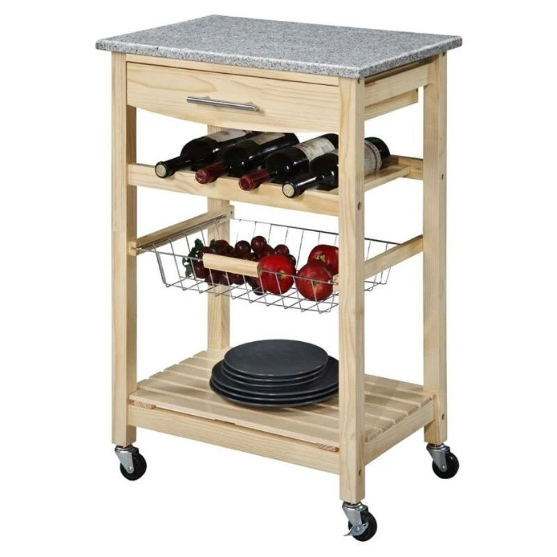Natural Wood Finish Kitchen Island Cart with Granite Top - 22.8W x 15.6D x 33.9H inches