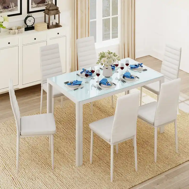 7-Piece Glass Top Dining Table Set for 6 with High Back PU Leather Chairs