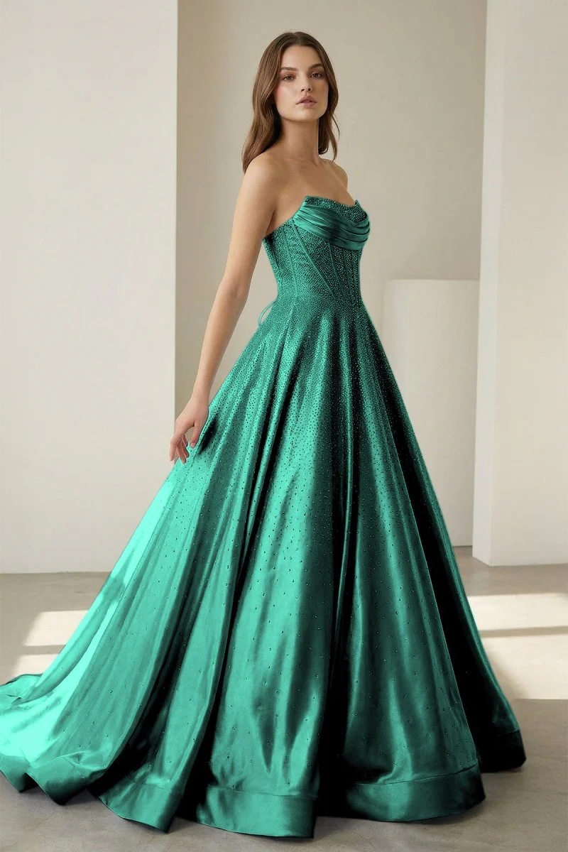 Green - Strapless A Line Satin Beaded Long Prom Dresses With Pockets