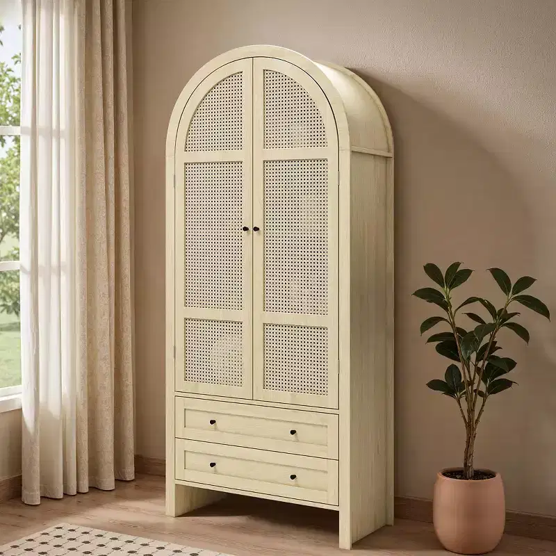 70.28 Tall Arched Kitchen Pantry Cabinet with Rattan Doors, Natural Storage Cabinet with 2 Drawers and Adjustable Shelves - Panipeachy
