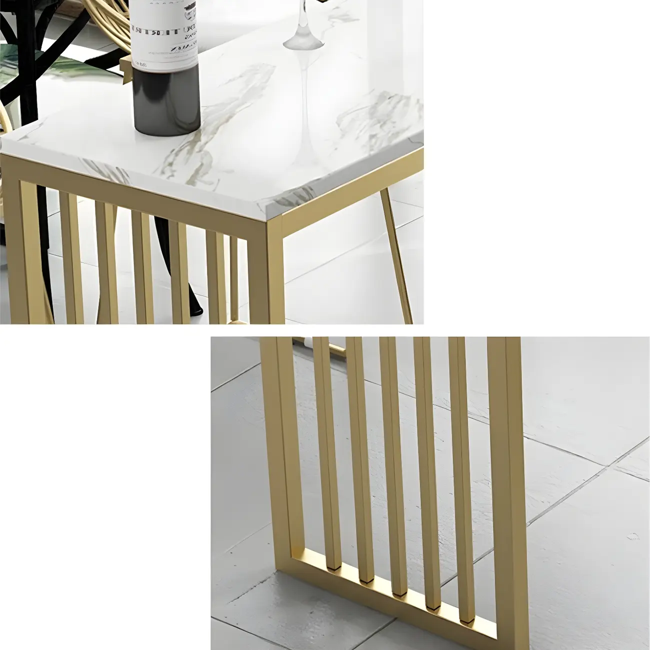 Glam White Faux Marble Gold Rail Metal Base Bar Tables