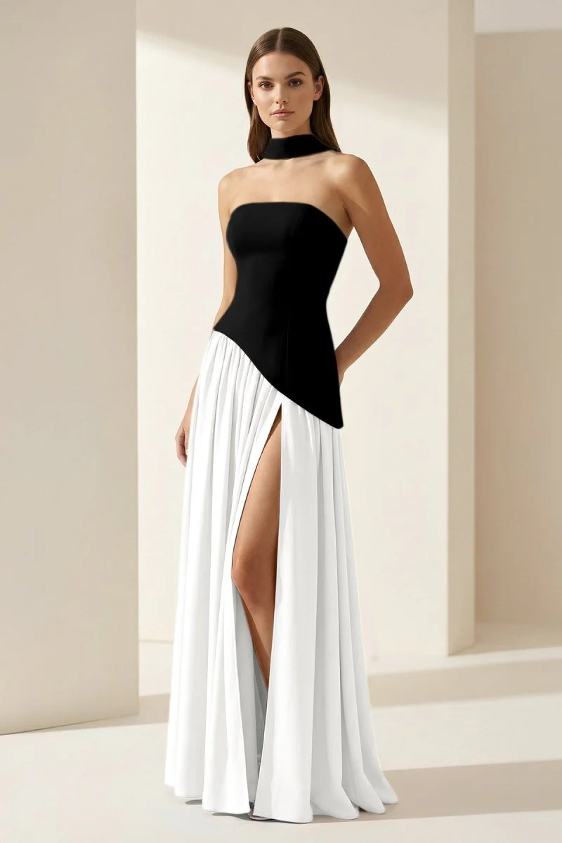 Pink - Strapless Sheath Chiffon Long Prom Dresses With Slit