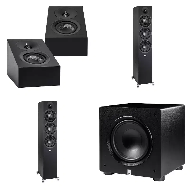 Elac DF63-BK - Debut 3.0 6.5 Floor Speaker - Black (Pair), ELAC DA43-BK Debut 3.0 - DA43-BK Atmos / On Wall speaker, and Elac PS250-BK - Varro Pre...