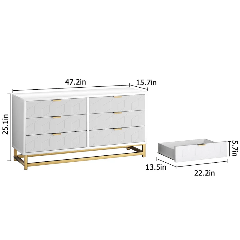 6-Drawer Dresser with Gold Metal Legs - White Wood