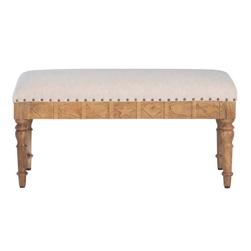 Seashell Upholstered Entryway Bench – Mango Wood, 400 lb Capacity