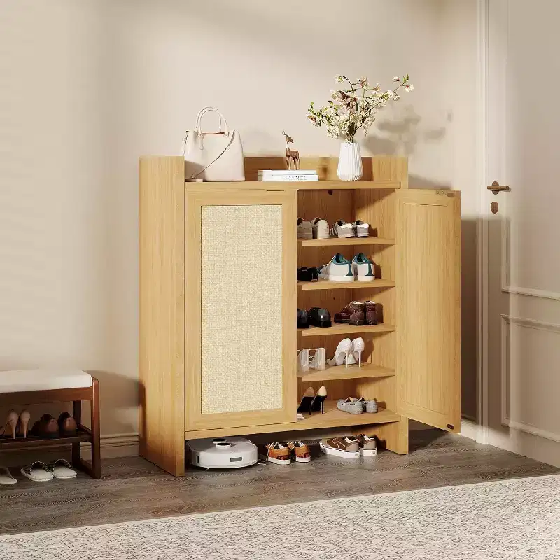 GustoWave Rattan Shoe Storage Cabinet with Adjustable Shelves for Entryway Hallway