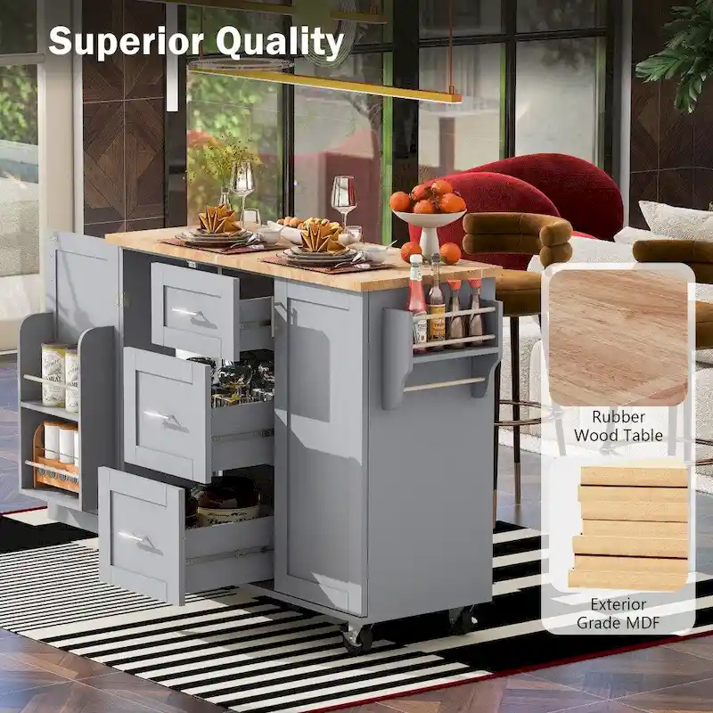 50 in. W Kitchen Island Rubberwood Top on 5 Wheels with 3 Drawers and 2 Slide-Out Shelf