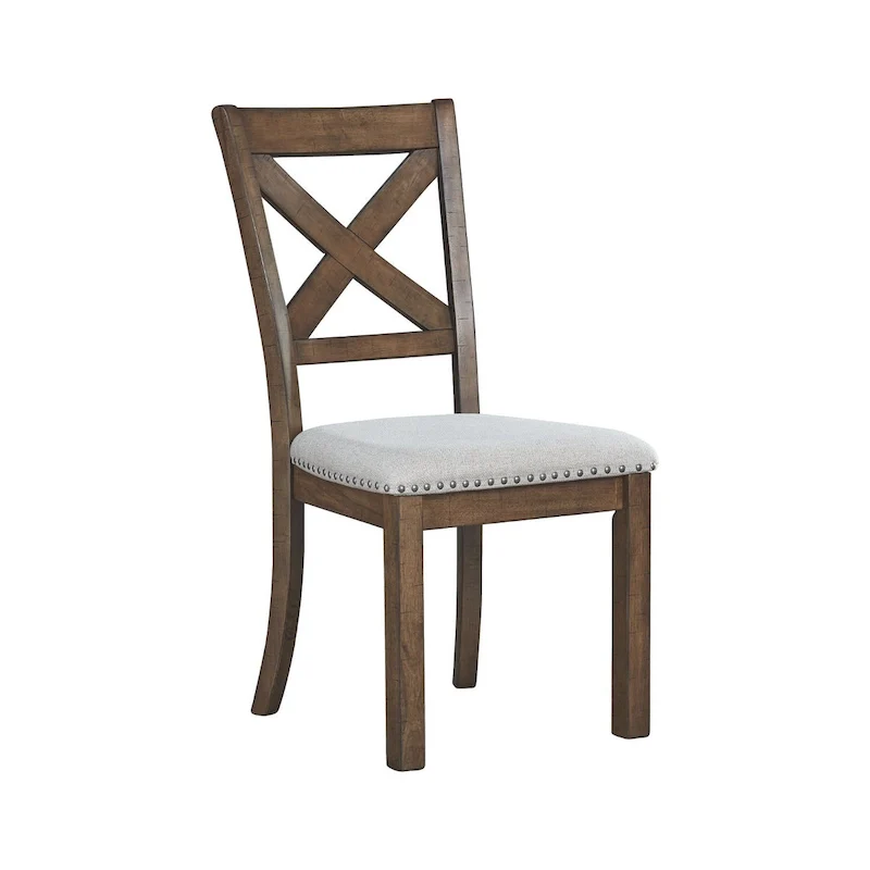 Beige Upholstered Cross-Back Dining Side Chairs, Nutmeg Finish, Set of 2