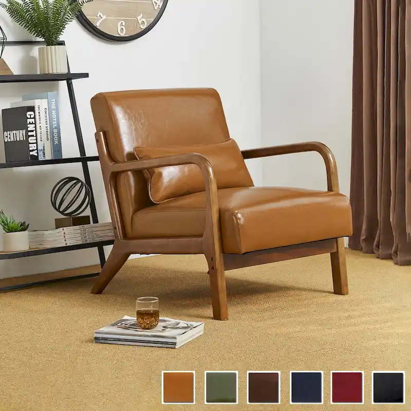 Glitzhome 30.75H Mid-Century Modern PU Leather Armchair Accent Chair with Pillow - 25.75W x 33.75D x 30.75H