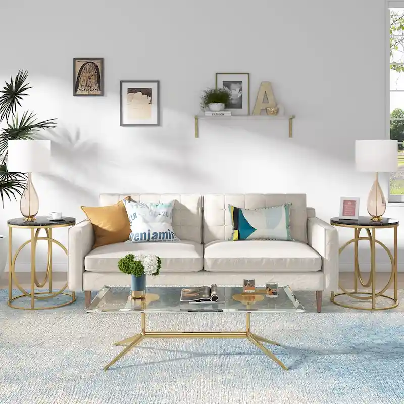 White Marble Round End Table with Gold O-Shaped Base - 20 inch