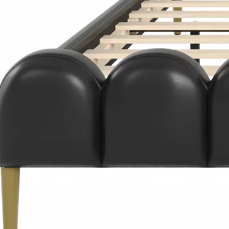 Leather Upholstered Bed with Headboard & Footboard, Solid Wood Slats & Legs