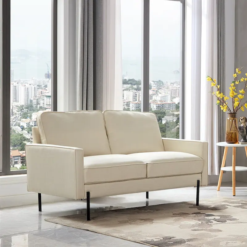 Snowhill 57W Modern Linen Loveseat, 2-Seater, Matte Black Metal Legs