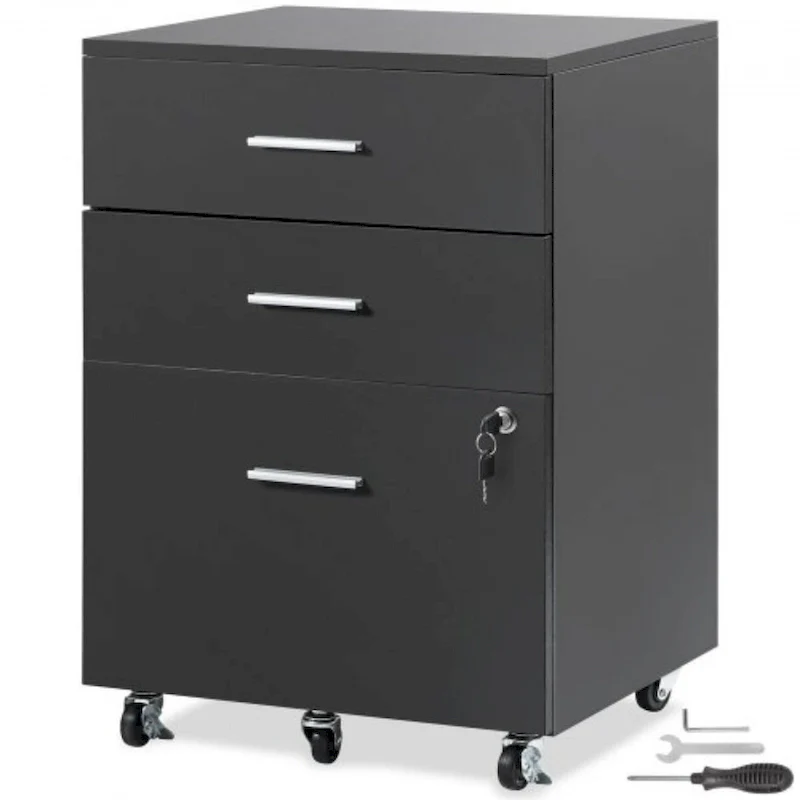 3-Drawer Locking Filing Cabinet with 5 Swivel Wheels and Adjustable File Hangers
