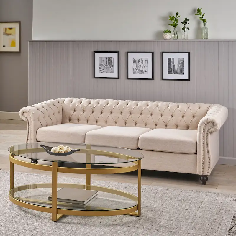 Beige Chesterfield Button Tufted 3-seater Sofa with Nailheads