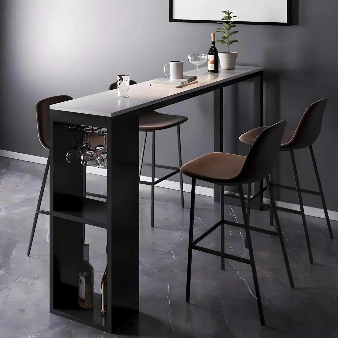 Modern Stone Top Metal Shelves Bar Table with Cup Holder