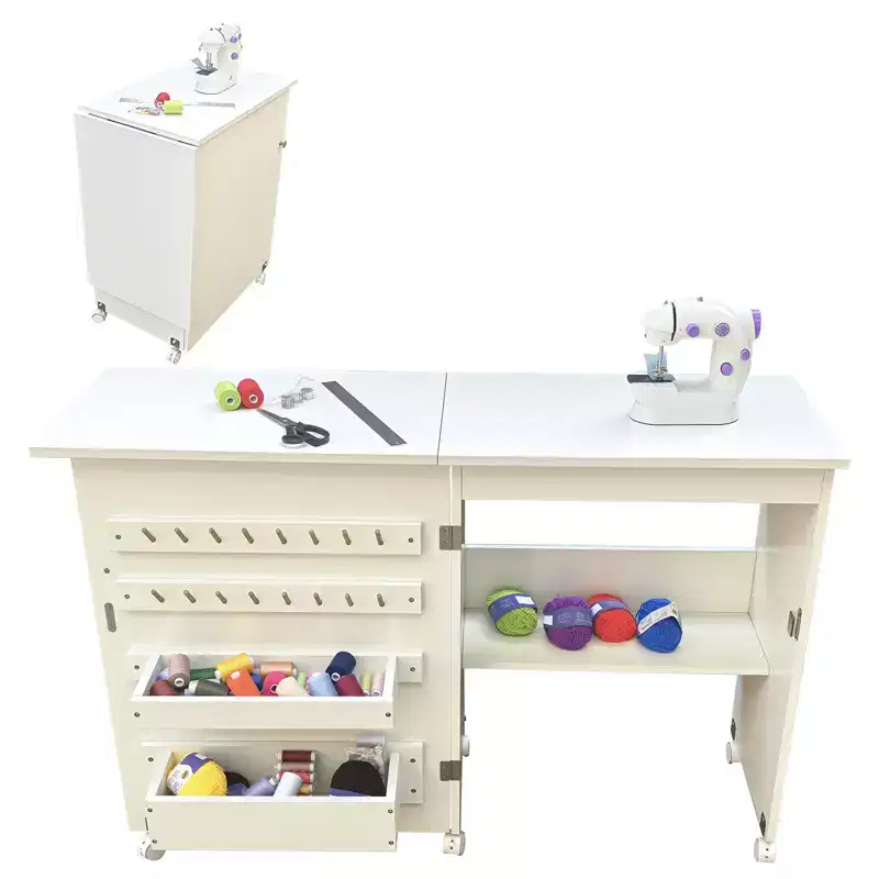 Folding Sewing Machine Table with Wheels & Storage Shelves, Portable Craft Station Space-Saving Desk