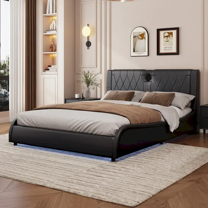 Roomfitters Full/Queen/King Size Platform Bed, Faux Leather Frame, Thick Headboard, Bluetooth Audio, No Box Spring Needed