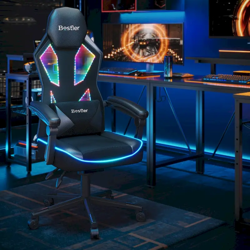 Ergonomic Gaming Chair with RGB LED Lights, Ventilated Fabric Computer Chair with Pocket Spring Cushion and Articulated Armrests