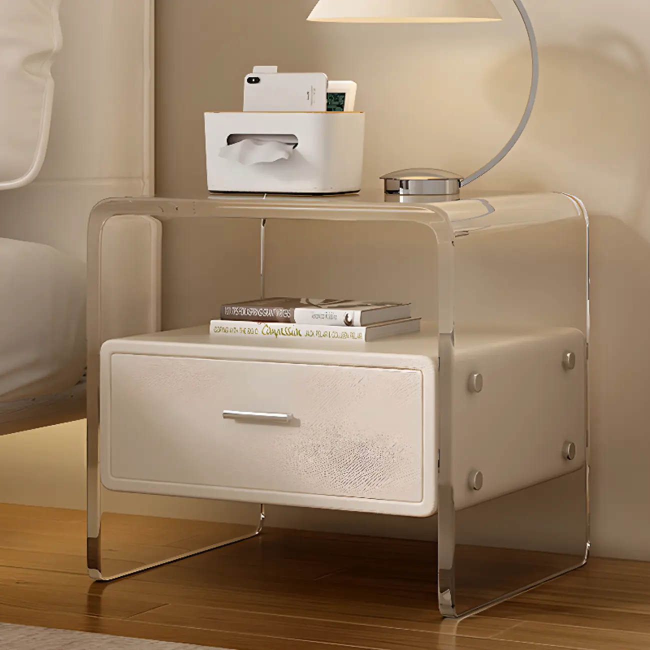 Stylish Off-White Acrylic 2 Tiers Storage Nightstand