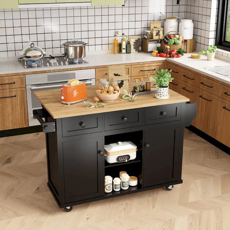 Kitchen Island Cart with Storage Cabinet, 3 Drawers and 5 Wheels