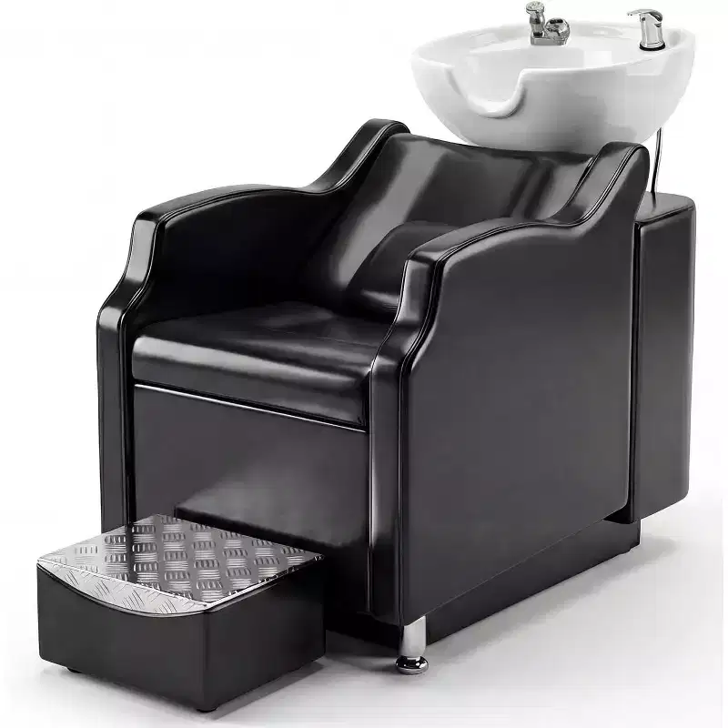 Shampoo Bowl and Chair Set with Ceramic Sink, Backwash Hair Washing Station & Footrest, 450 lb Capacity for Salon, Spa or Barbershop