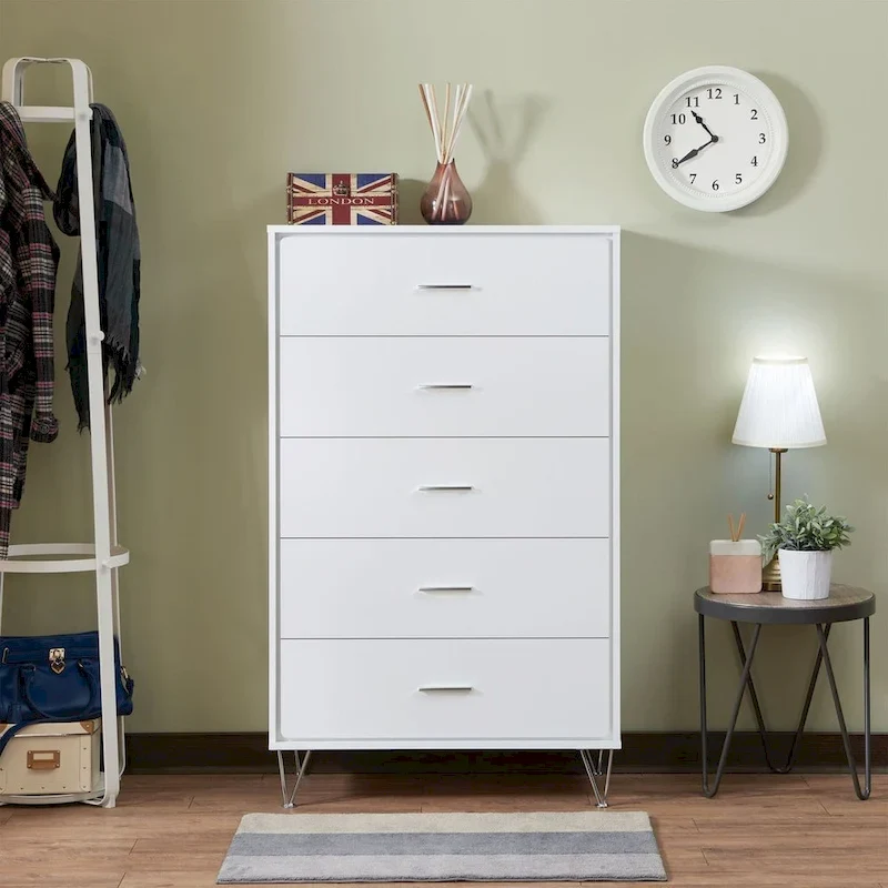 White / Walnut 5-Drawer Chest, Single Unit