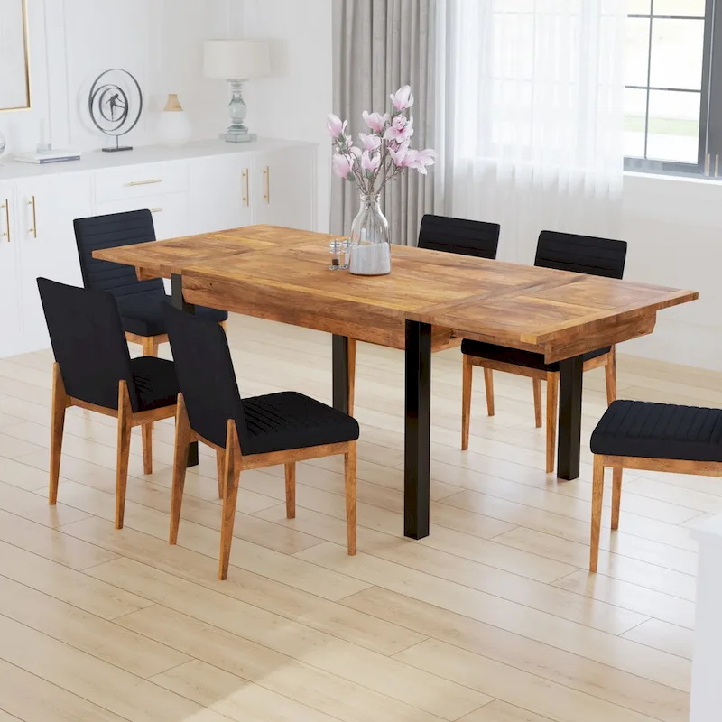 Extendable Rectangular Dining Table with Mango Wood Top and Black Iron Legs