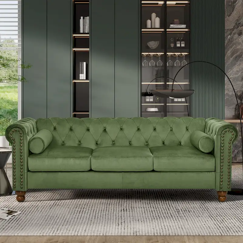 Green Velvet Chesterfield Button-Tufted 3-Seater Sofa with Scrolled Arms & Turned Legs