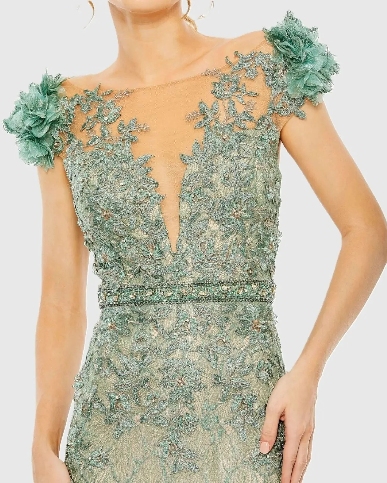 Green Embroidered Illusion Appliqued Bodice Trumpet Gown