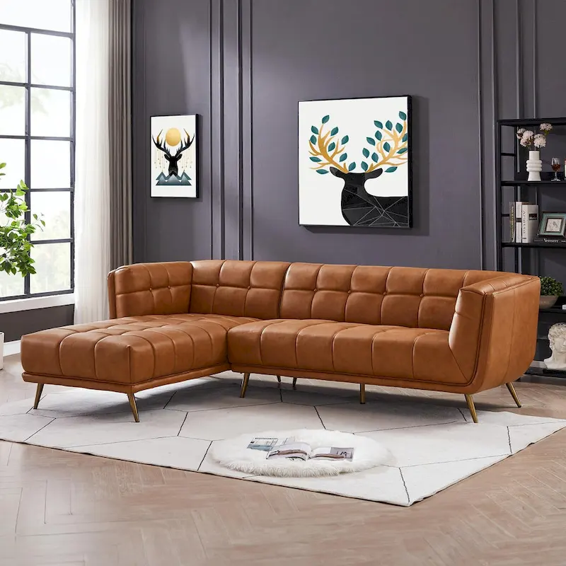 Cognac Tan Chesterfield Genuine Leather Sectional Sofa - Mid-Century Modern