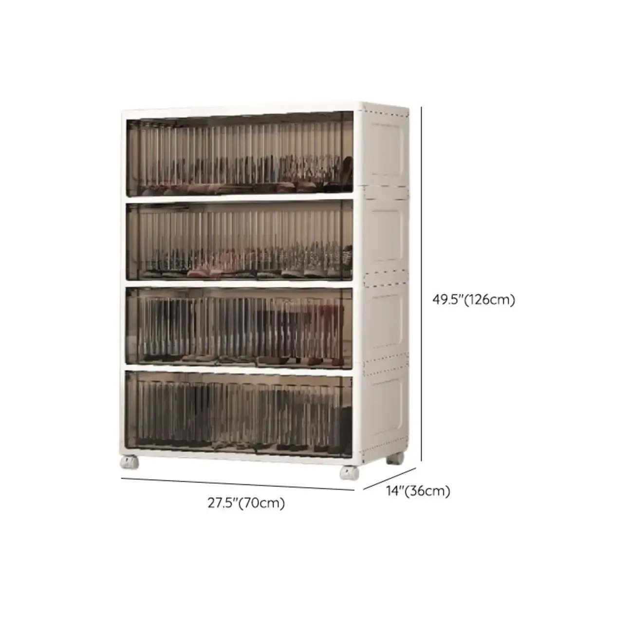Hallway White Plastic Drop-Front Shoe Cabinet with Casters