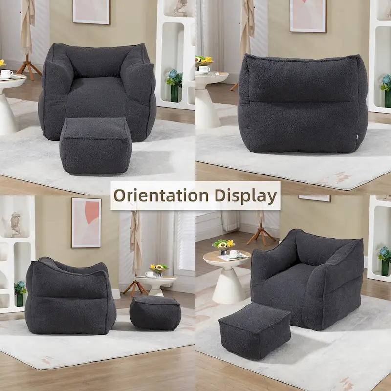 Boucle Upholstered Deep Seat Armless Square Bean Bag Chair with Ottoman