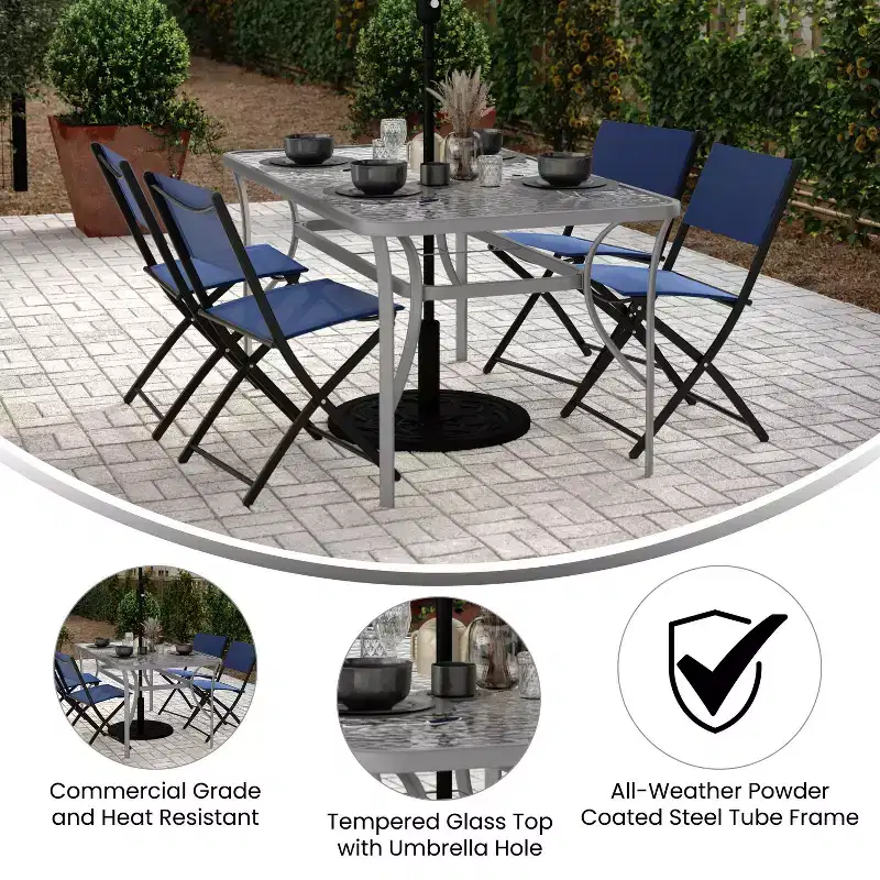 Emma and Oliver Rectangular Tempered Glass Top Patio Table with Umbrella Hole and Black Steel Tube Frame