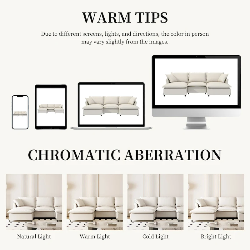 U Shaped Cloud Couch Set Chenille Sectional Sofa w/Ottoman, Pillows