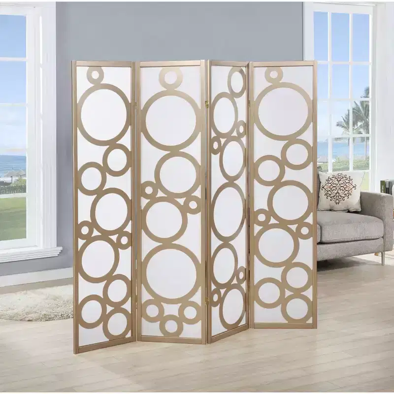MAYEERTY 4 Panel Circle Pattern Wood Room Divider Gold for Home Office