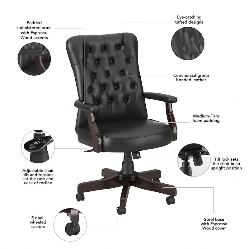 High Back Tufted Office Chair with Arms - Espresso Wood Base