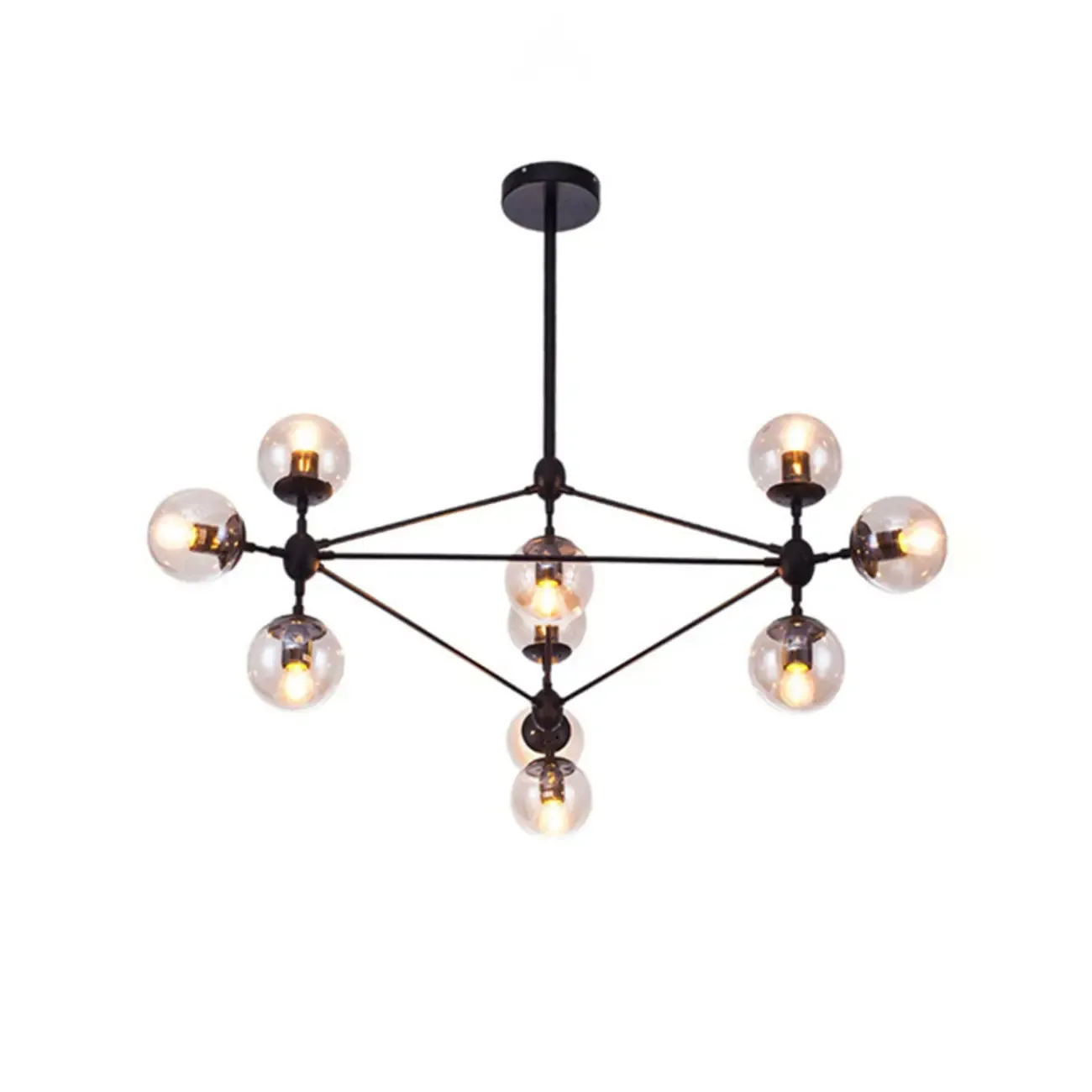 Industrial Black Globe Chandelier with Cognac Glass Shades
