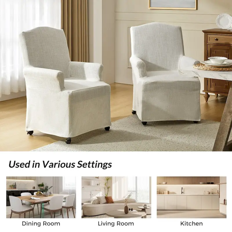 Upholstered Slipcover Arm Dining Chairs with Solid Wood Legs Set of 2