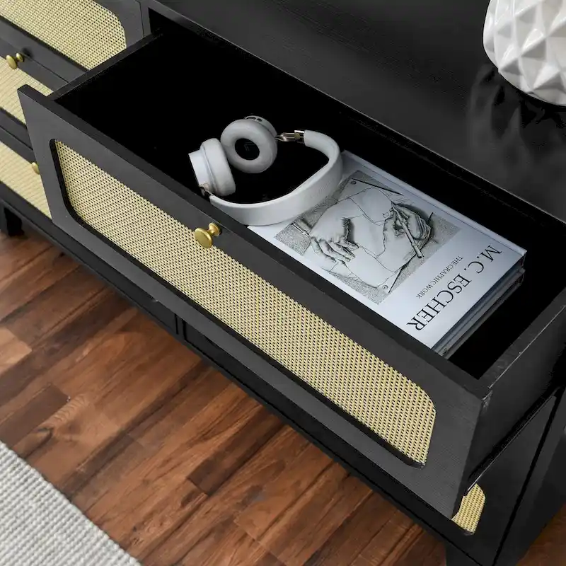 6-Drawer Dresser with Rattan Weave Fronts - Wood - 56 Inch